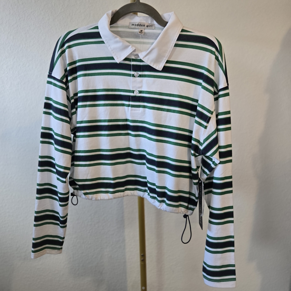 Madden Girl Striped Button Down Shirt - Green, Black, and White